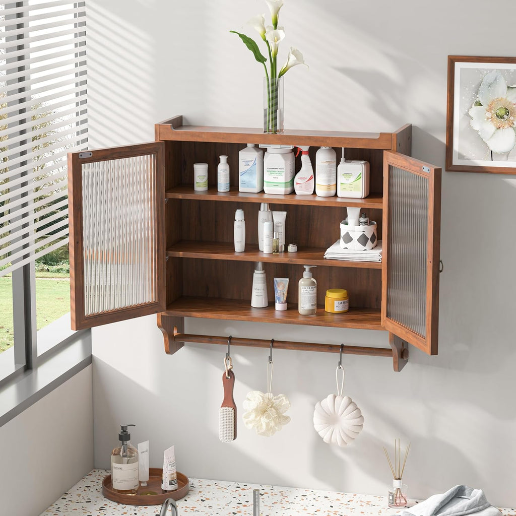Brown Double Glass Door Wood Wall Cabinet with Detachable Shelves E96558