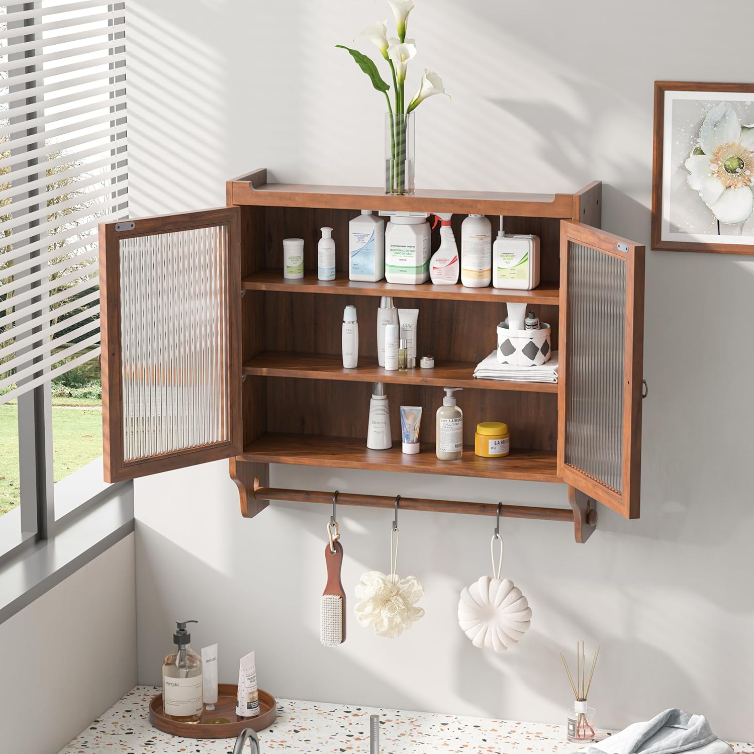 Brown Double Glass Door Wood Wall Cabinet with Detachable Shelves E96558