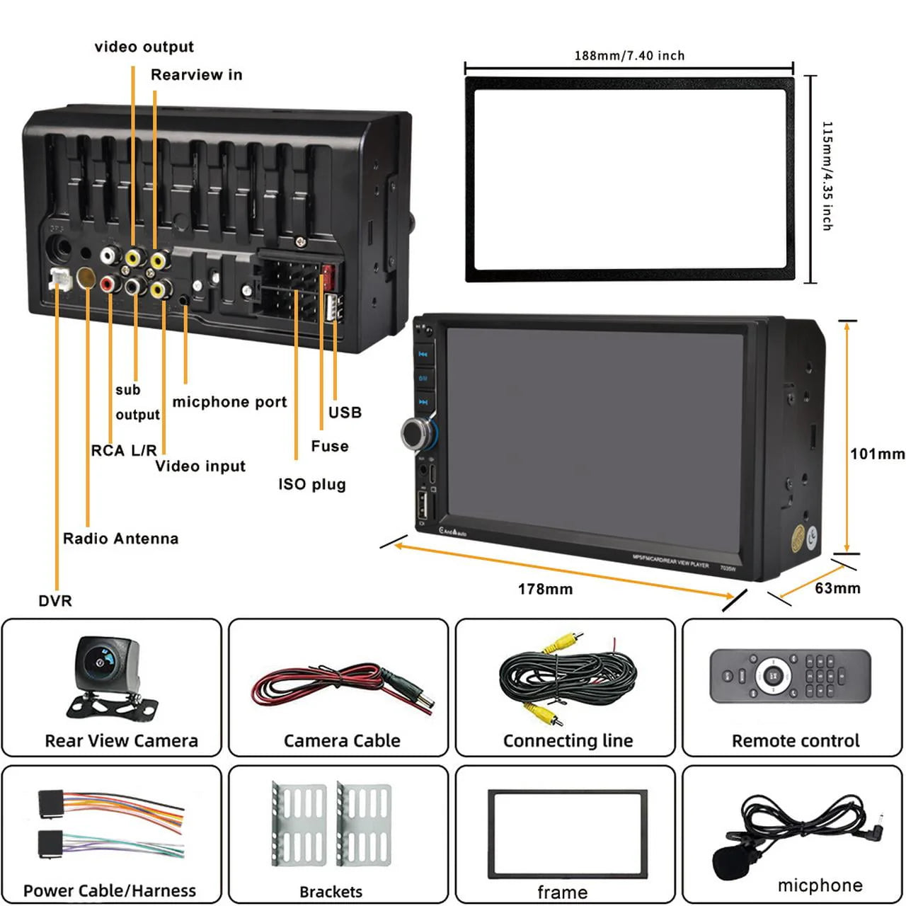 Wireless Double Din Car Stereo 7 Touchscreen M36054