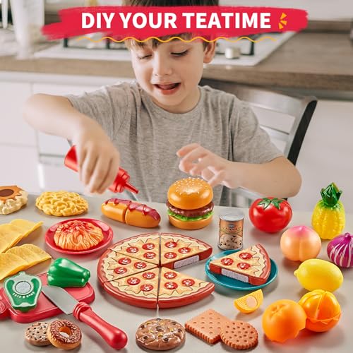 80PC Pretend Food with 2 Kids Picnic Basket, Plastic Food Cutting Toys F5904