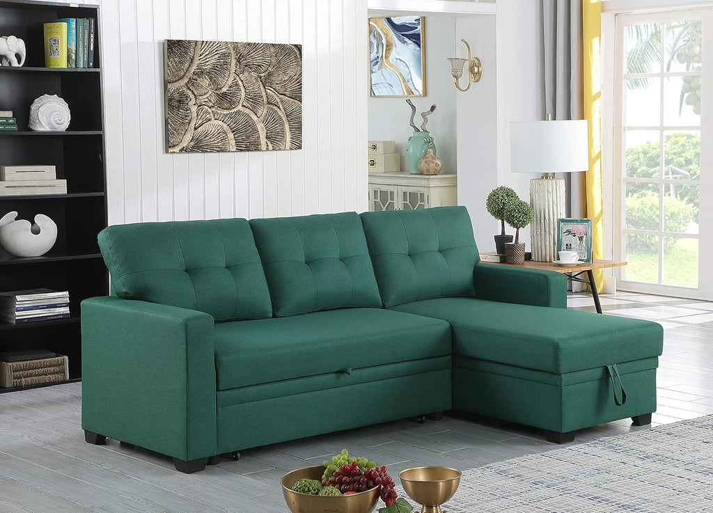 Green Upholstered Pull out Sectional Sofa with Chaise I391659