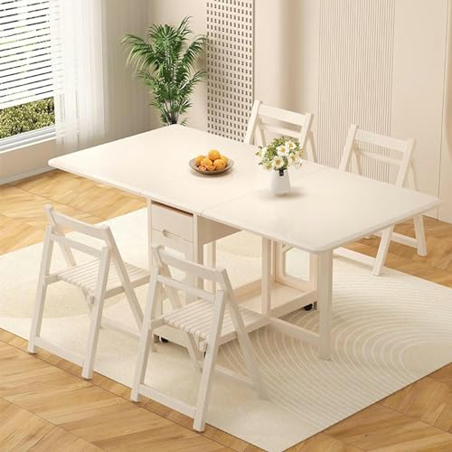 White Folding Dining Table with 4 Brake Wheels, Drawers, Storage Cabinet, 140CM Y375810
