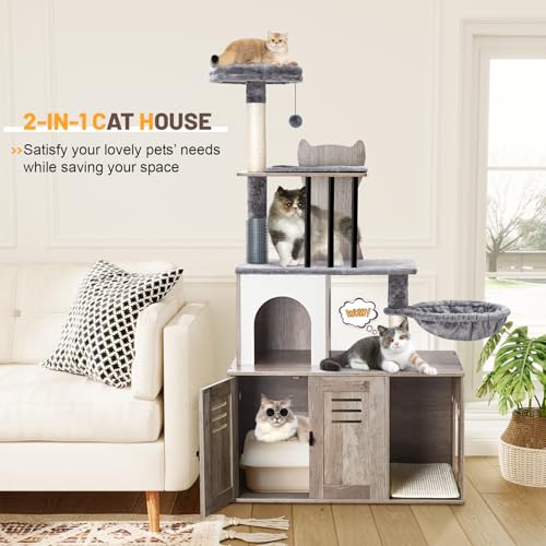 White 58.66’’ Wood Cat Tree with Litter Box Enclosure I809