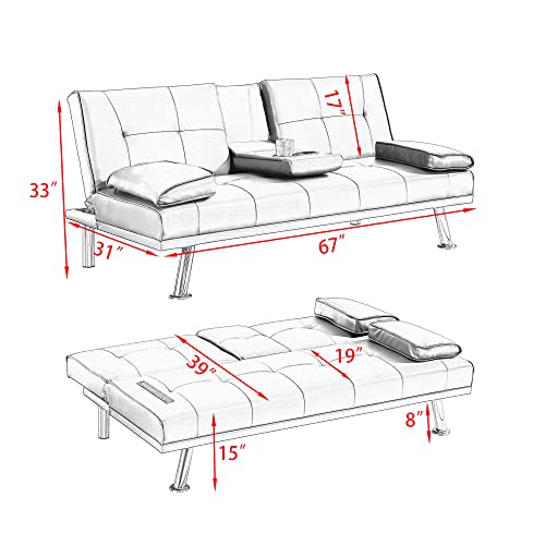 Brown Leather Double Folding Sofa Bed with 2 Cup Holders M5093