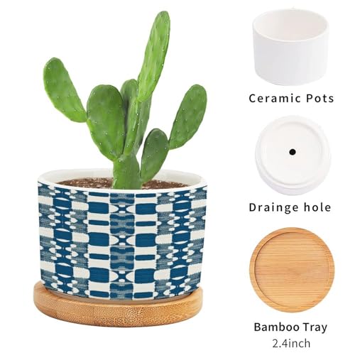 Blue and White Ceramic Planters with Drainage Holes and Saucers F58361