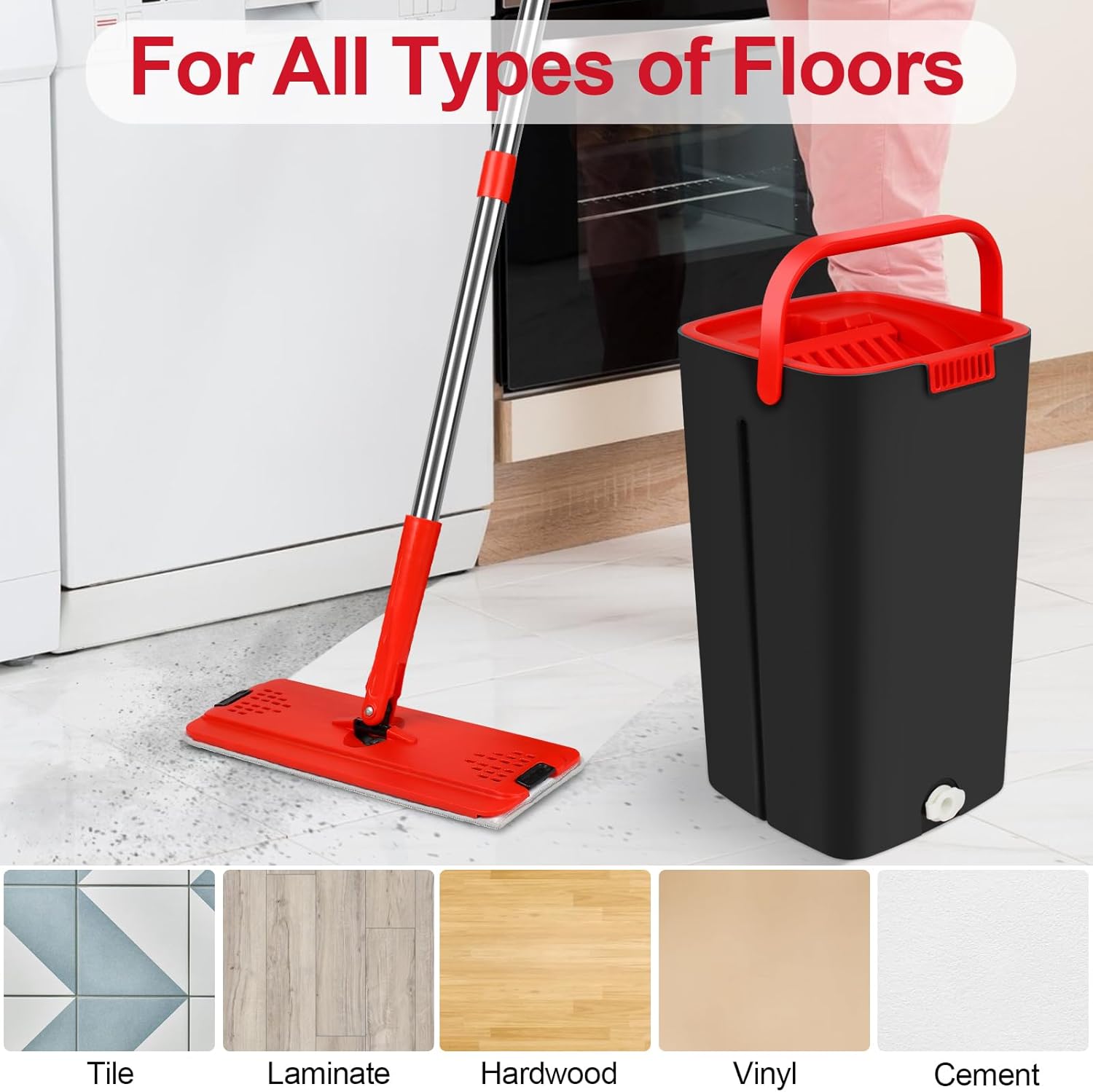 Mop and Bucket with Wringer Set, Stainless-Steel Handle, 3 Washable Microfiber Pads A8820
