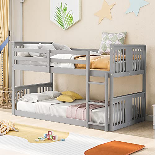 White Twin Over Twin Low Wooden Bunk Bed with Ladder H67796