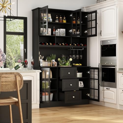 White Freestanding Wood Kitchen Pantry with Glass Doors, Drawers and Adjustable Shelves Q2805