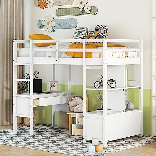 Solid Wood Twin Loft Bed with Desk, Storage Shelves, Drawers, Ladder, Guardrail L246