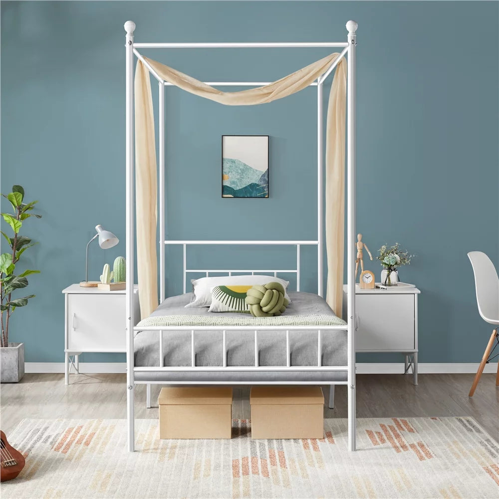 White Twin Metal Canopy Bed Frame with Headboard and Footboard G966182