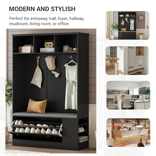 White 39.4 Inch Hall Tree with Storage Bench and 6 Hooks Q785215