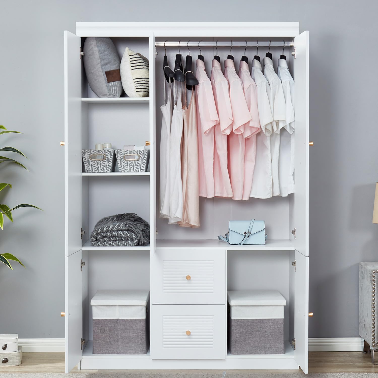 White 3 Door Wooden Armoire Wardrobe with 2 Drawers and Hanging Rod S72877