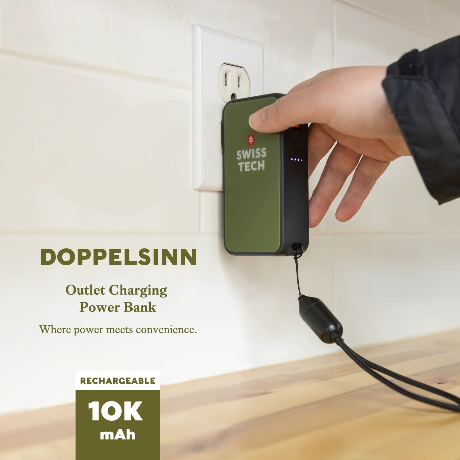 10000 mAh Portable Power Bank with Built-in Charging Cord W15890