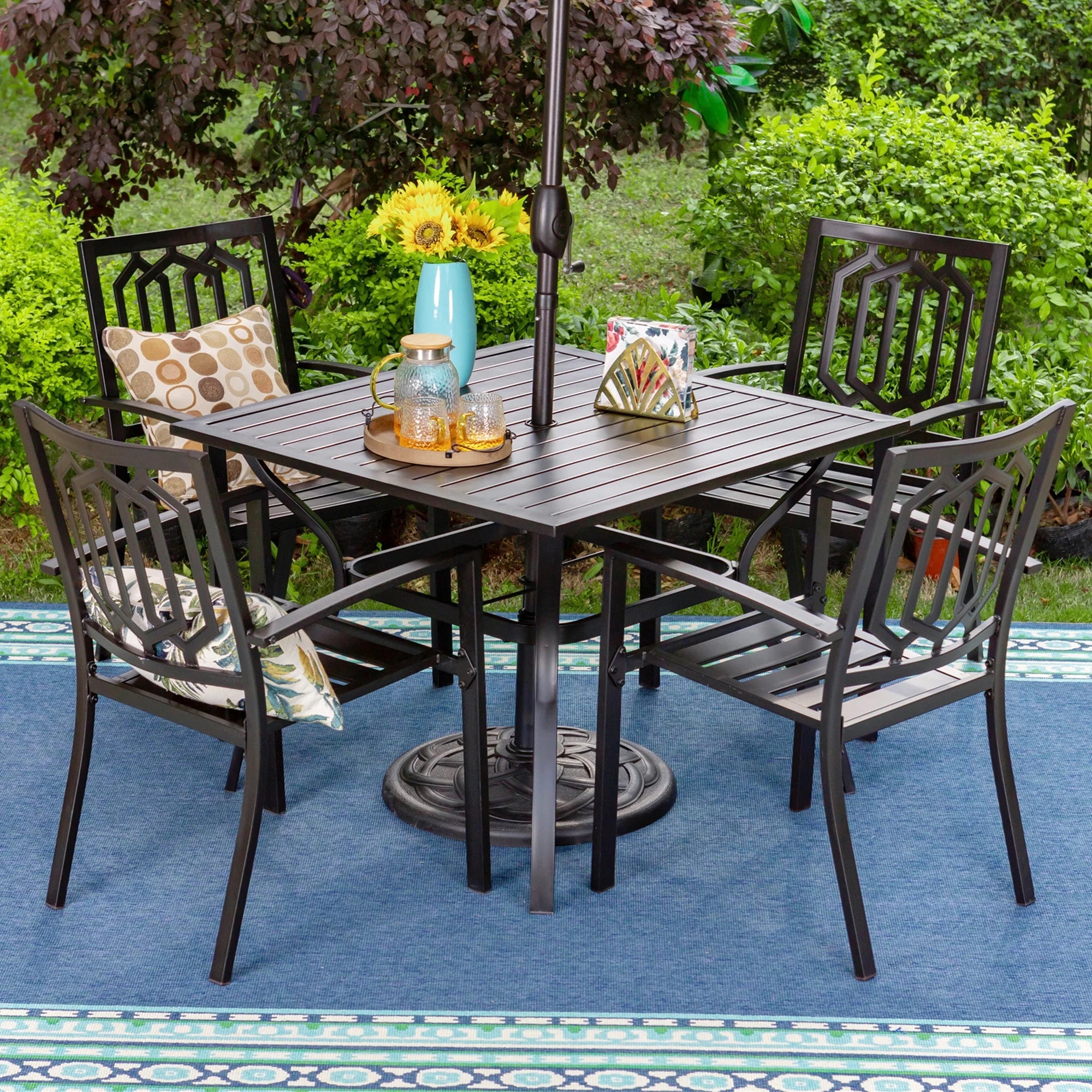 6-Piece Outdoor Patio Set with 10 FT Umbrella, 4 PCS Metal Steel Stacking Chairs & 1 PC Square Dining Table, Orange Red Umbrella V55341