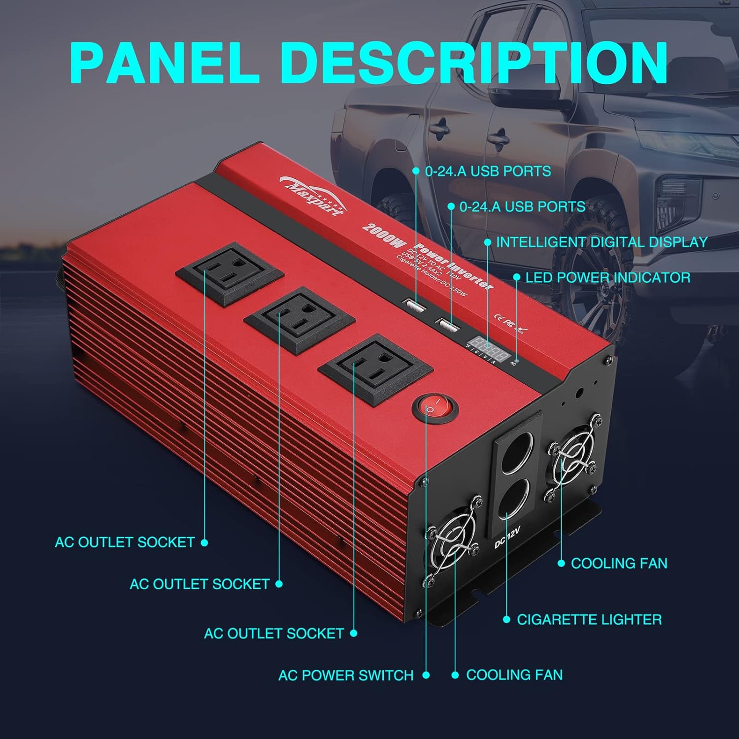 2000W Power Inverter 12v DC to 110v AC Converter with 3 AC Outlets L25153