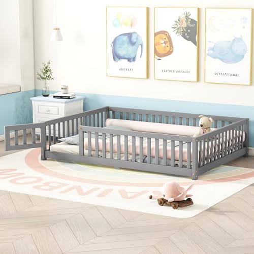 Gray Solid Wooden Kid Toddler Floor Bed with Safety Fence and Door U750537