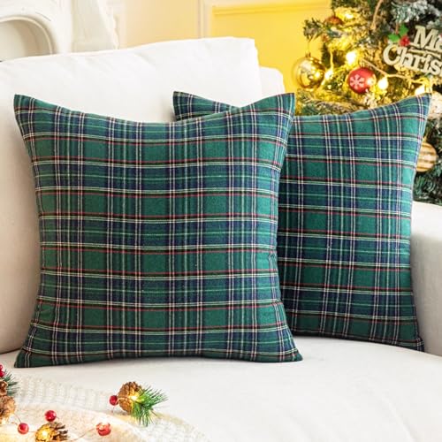 Pack of 2 Green Plaid Decorative Throw Pillow Covers, 20 x 20 Inches H31298