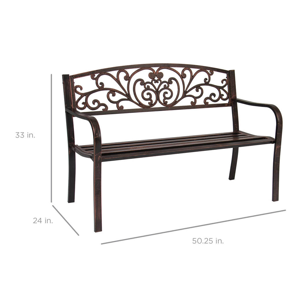 Brown Outdoor Steel Bench with Floral Design Backrest V38910