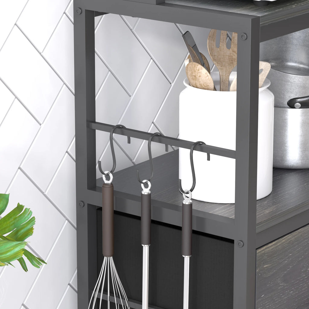 5-Tier Black Wood Kitchen Storage Shelf with Baskets and Hooks T8440