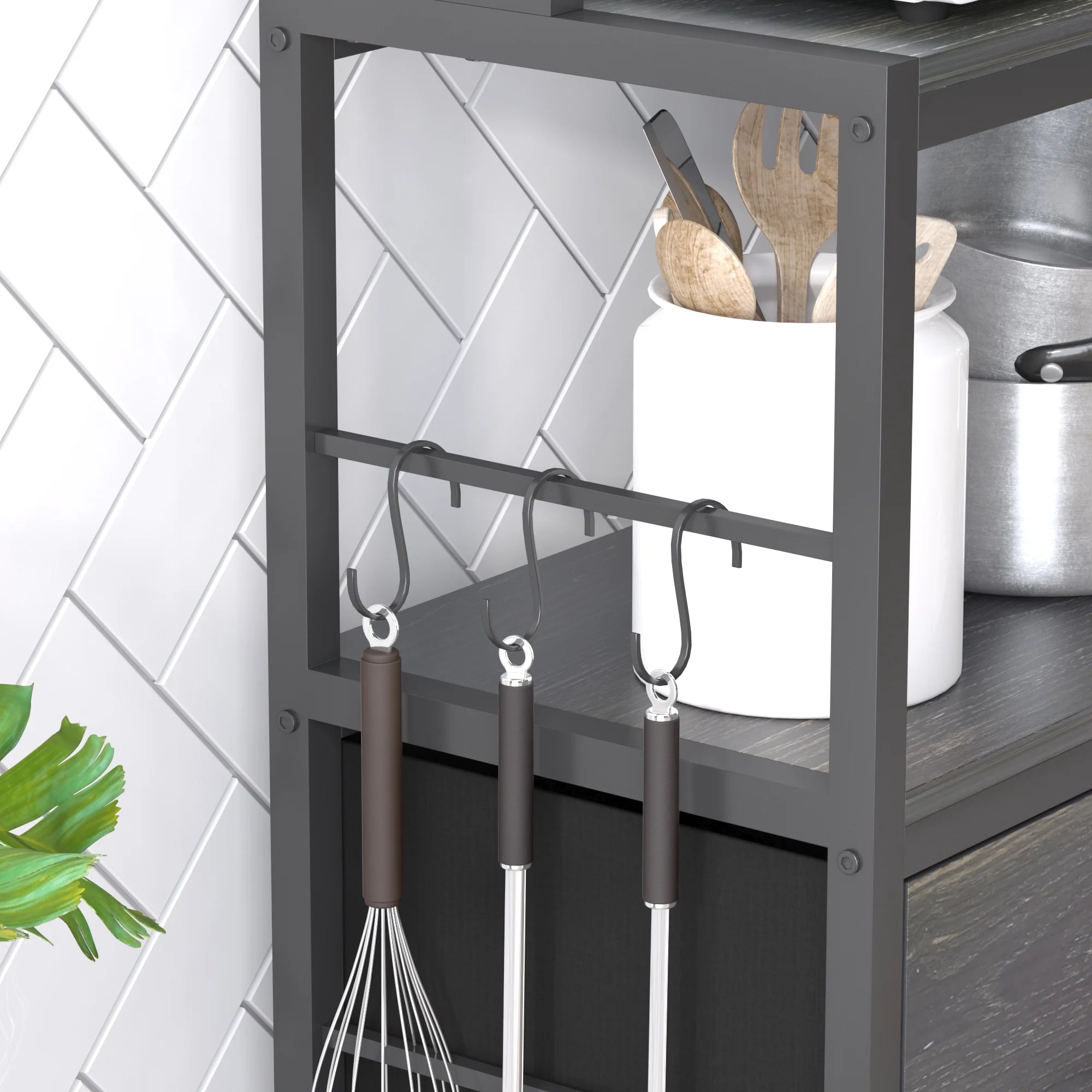 5-Tier Black Wood Kitchen Storage Shelf with Baskets and Hooks T8440