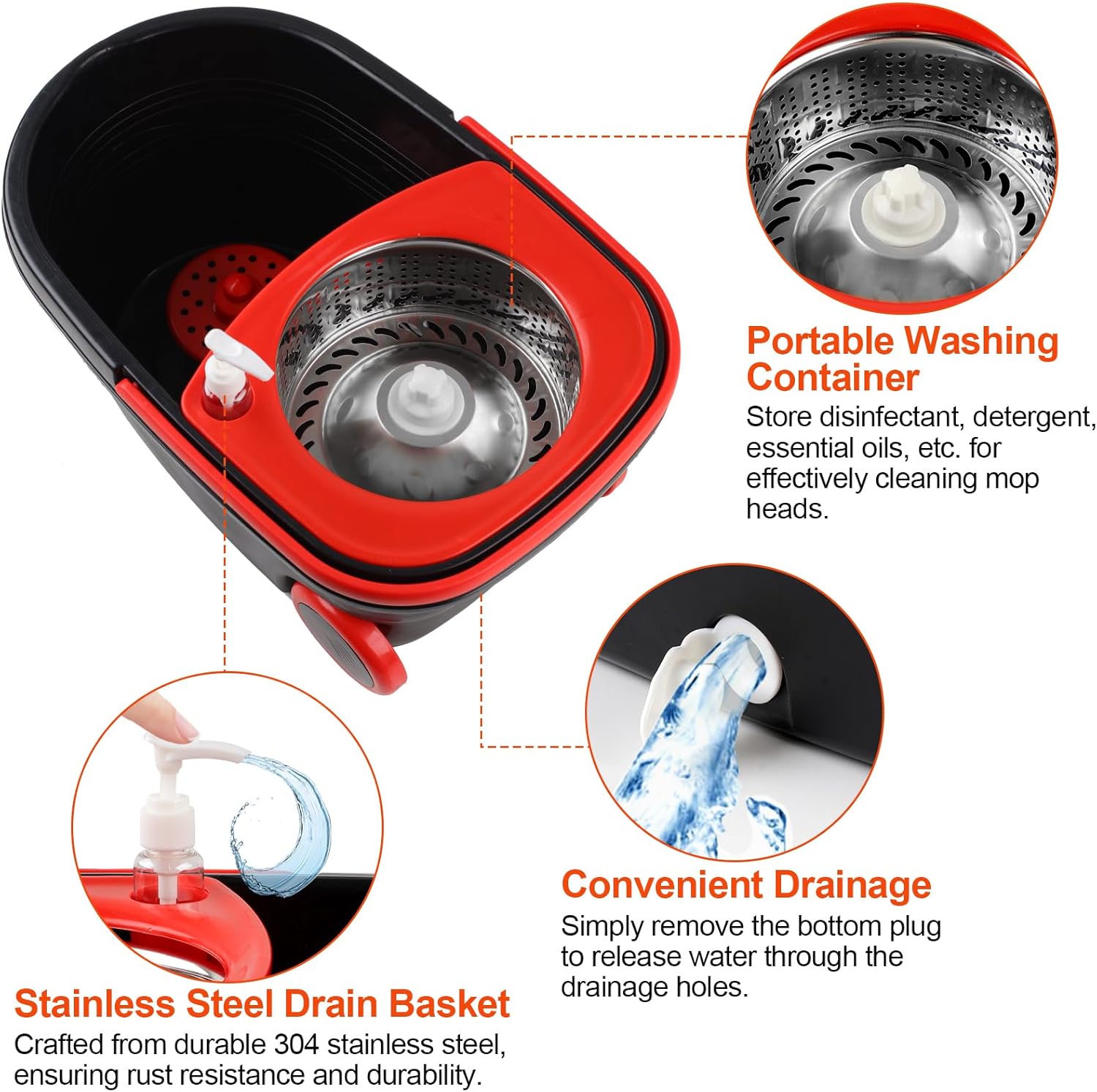Spin Mop and Bucket with Wringer Set, 360° Rotating Mop Bucket System with 3 Microfiber Mop, Stainless Steel Floor Cleaning System F279