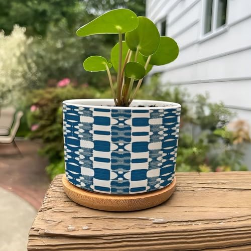 Blue and White Ceramic Planters with Drainage Holes and Saucers F58361