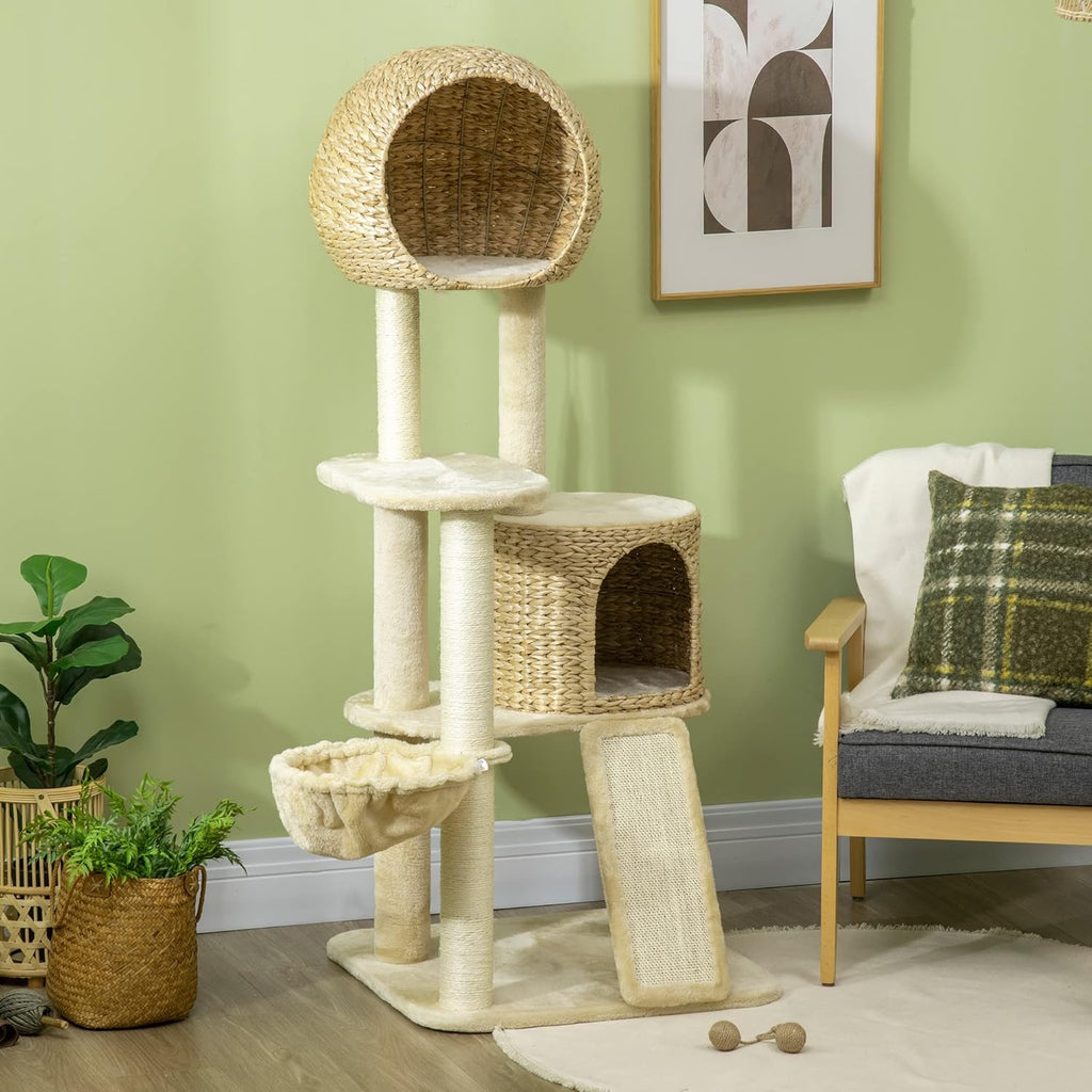 Beige Cat Tree with Cat Condo, Hammock, Perches, Scratching Posts, Ramp F632