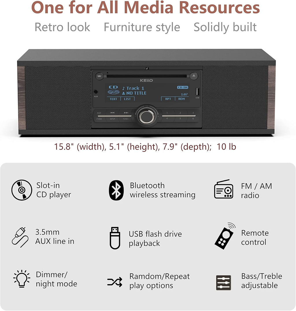 Retro CD Player with Speakers Wooden Stereo System Bluetooth Receiver FM/AM Radio Tuner USB AUX Q358894