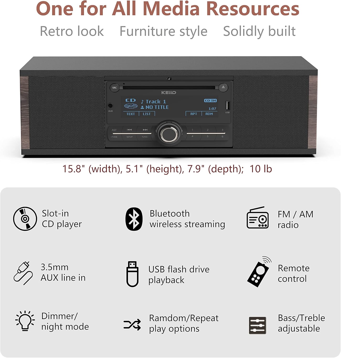 Retro CD Player with Speakers Wooden Stereo System Bluetooth Receiver FM/AM Radio Tuner USB AUX Q358894