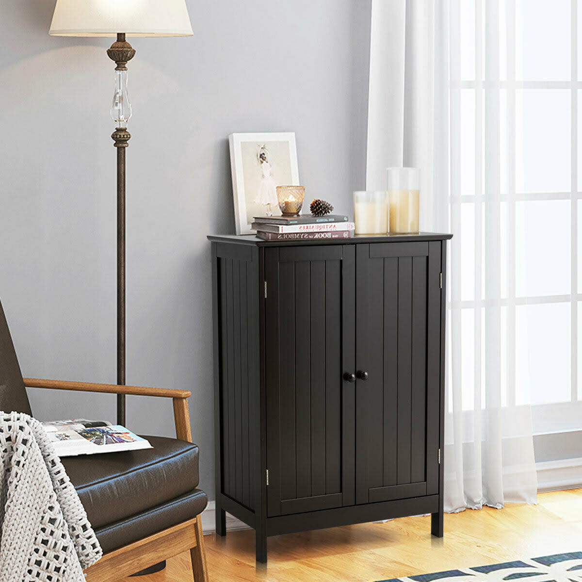 Brown Double Door Bathroom Floor Storage Cabinet F64470
