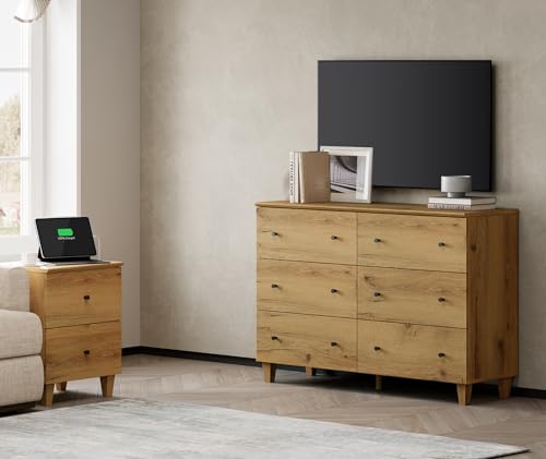 Oak Brown 6 Drawer TV Stand with 1 End Table 2 Drawers Charging Station 2 Pieces Wood Furniture Set H7531