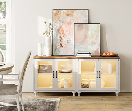Off White Wood TV Stand with Yellow LED Light and Glass Door X66236
