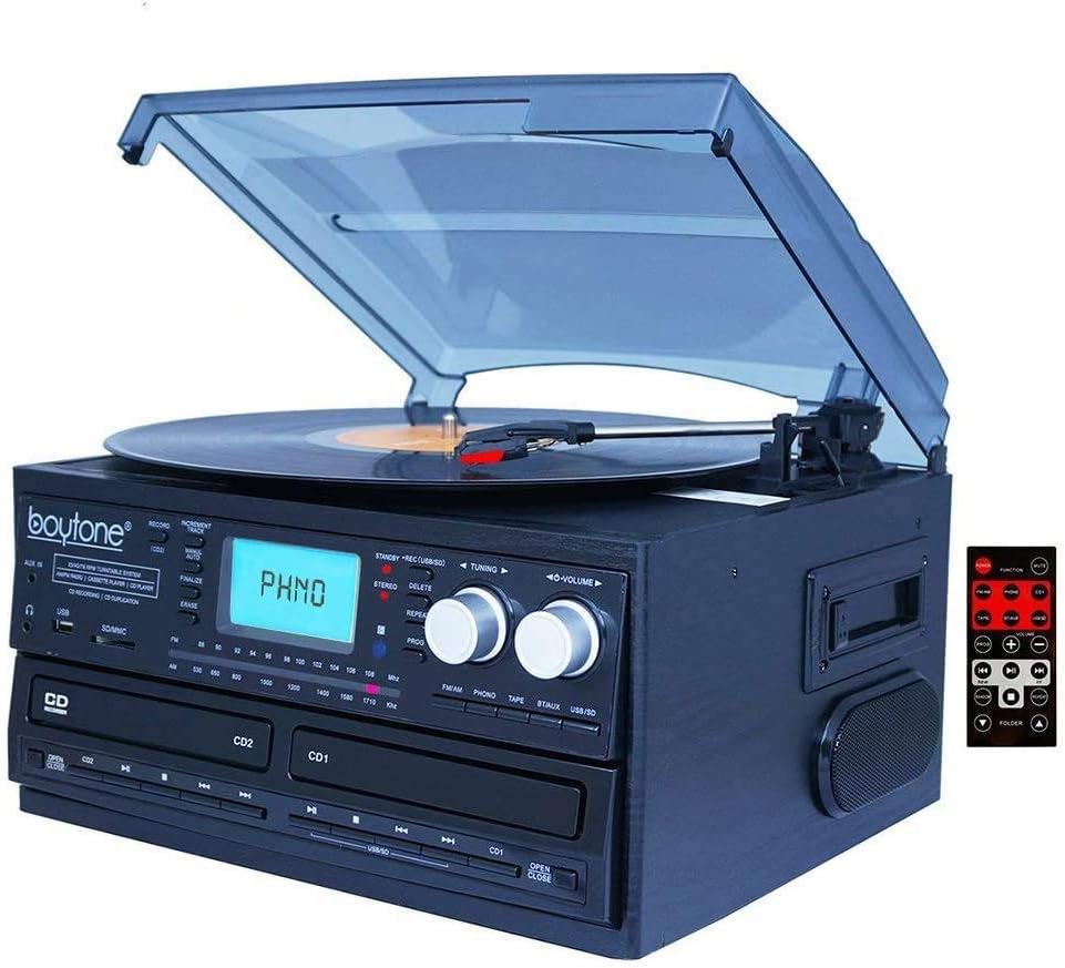 Bluetooth Dual CD Player Turntable Record Player with AM/FM Radio, Cassette Player, USB, AUX U85549