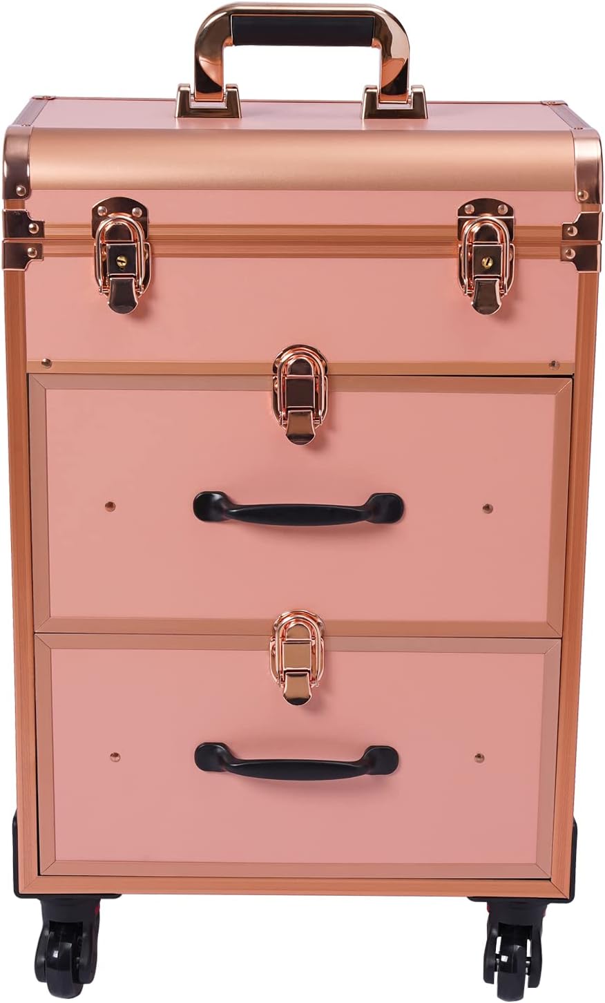 3 Layers Rolling Makeup Case with Reinforced Lock & Transparent Storage Bag Gold N171