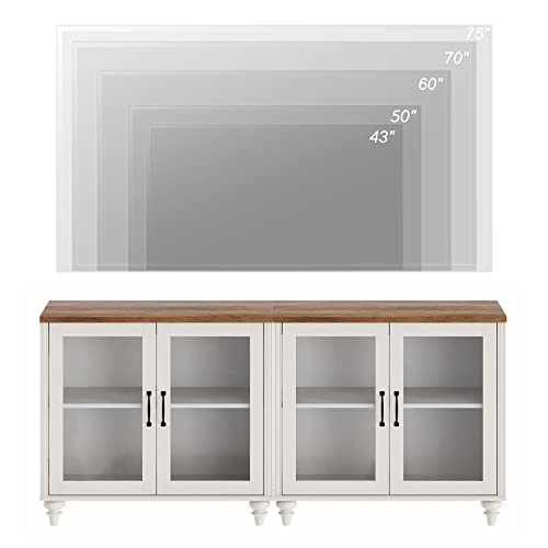 Off White Wood TV Stand with Yellow LED Light and Glass Door X66236