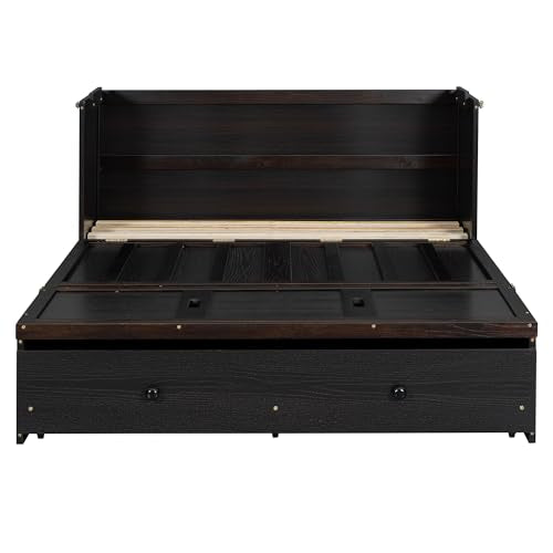 Full Murphy Bed with USB Charging Station and Large Drawer, Wooden Full Size Bed Wall Bed with Storage, Espresso N534511