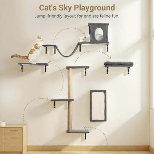 5-in-1 Wooden Cat Wall Shelves Set with Scratching Post C8174