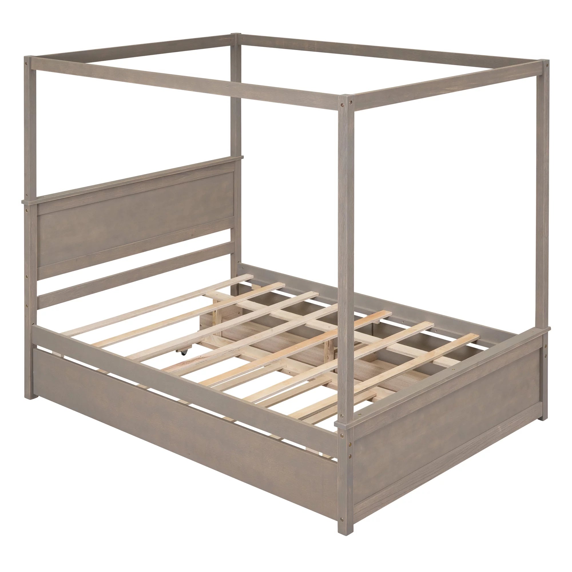 Light Brown Full Size Wood Canopy Platform Bed with 2 Drawers and Trundle F5333