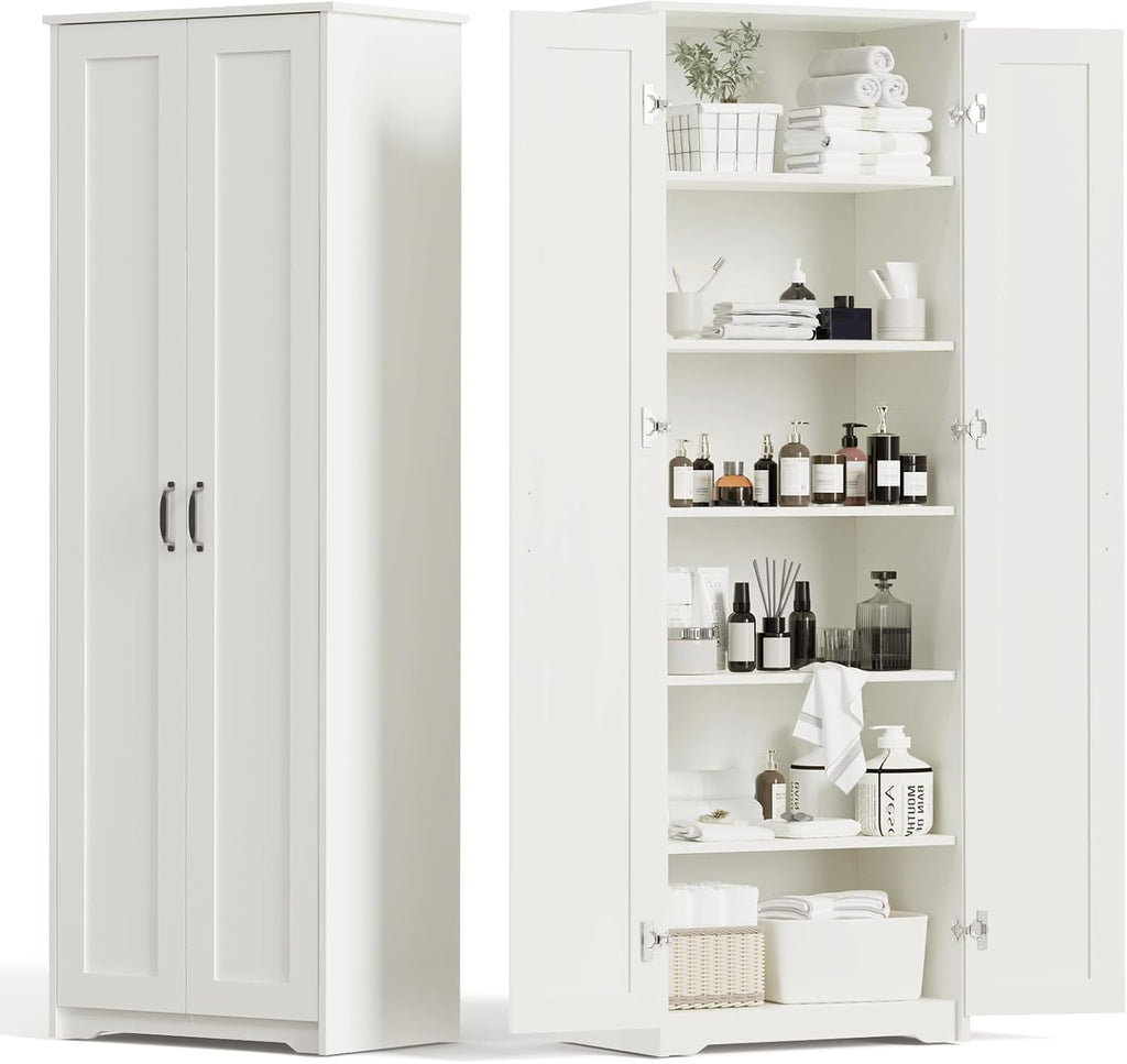 White Tall Storage Pantry Cabinet with 2 Doors and 6 Adjustable Shelves W154534