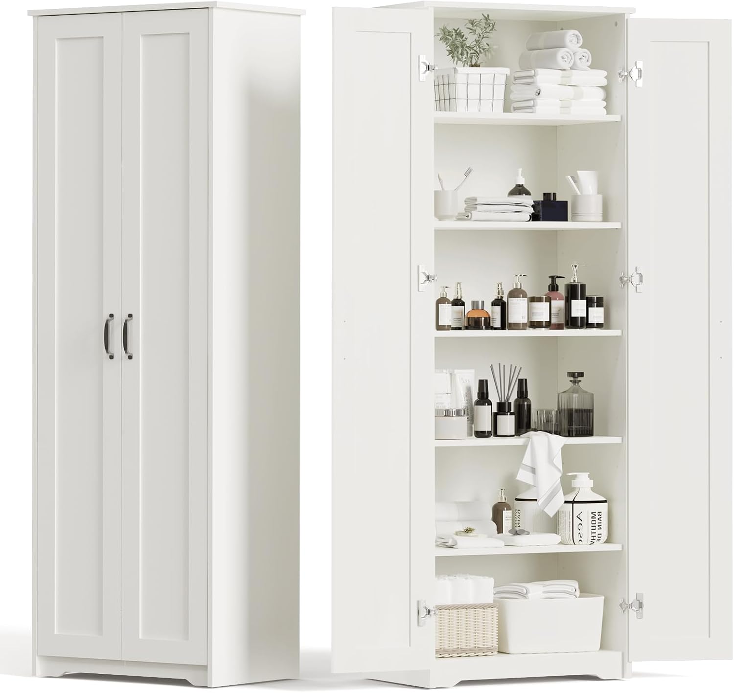 White Tall Storage Pantry Cabinet with 2 Doors and 6 Adjustable Shelves W154534