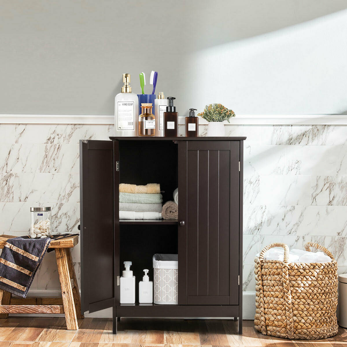 Brown Double Door Bathroom Floor Storage Cabinet F64470