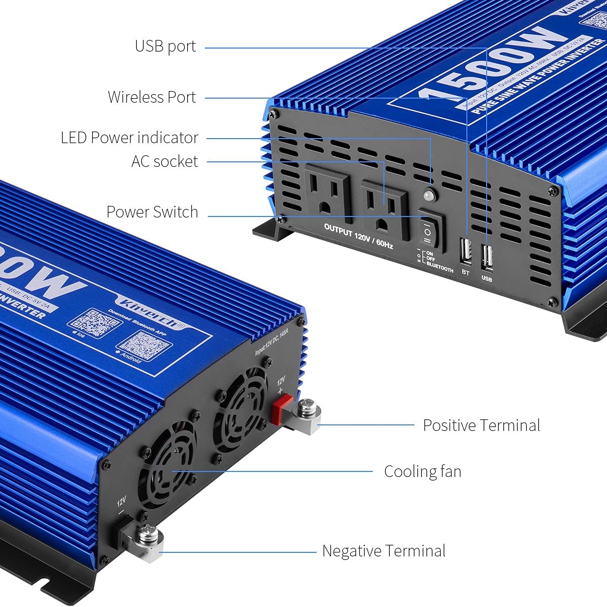 1500W Pure Sine Wave Power Inverter 12V DC to 110V AC Car Inverter with Bluetooth and 2AC Outlets & USB Port L78693