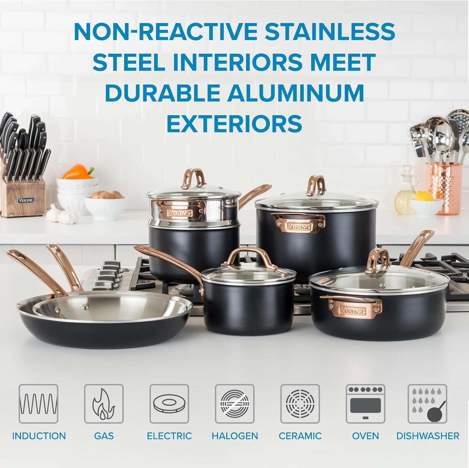 11 piece 3-Ply Black Copper Cookware Set with Glass Lids Y84499