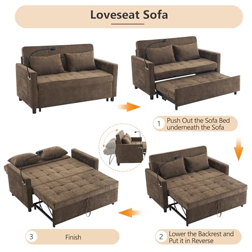 3 in 1 Convertible Sleeper Sofa Bed Futon Couch with USB Ports Brown V133023
