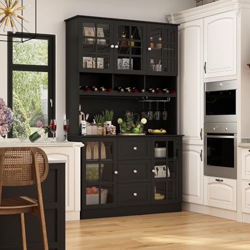 White Freestanding Wood Kitchen Pantry with Glass Doors, Drawers and Adjustable Shelves Q2805