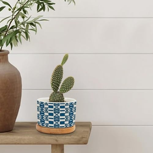 Blue and White Ceramic Planters with Drainage Holes and Saucers F58361