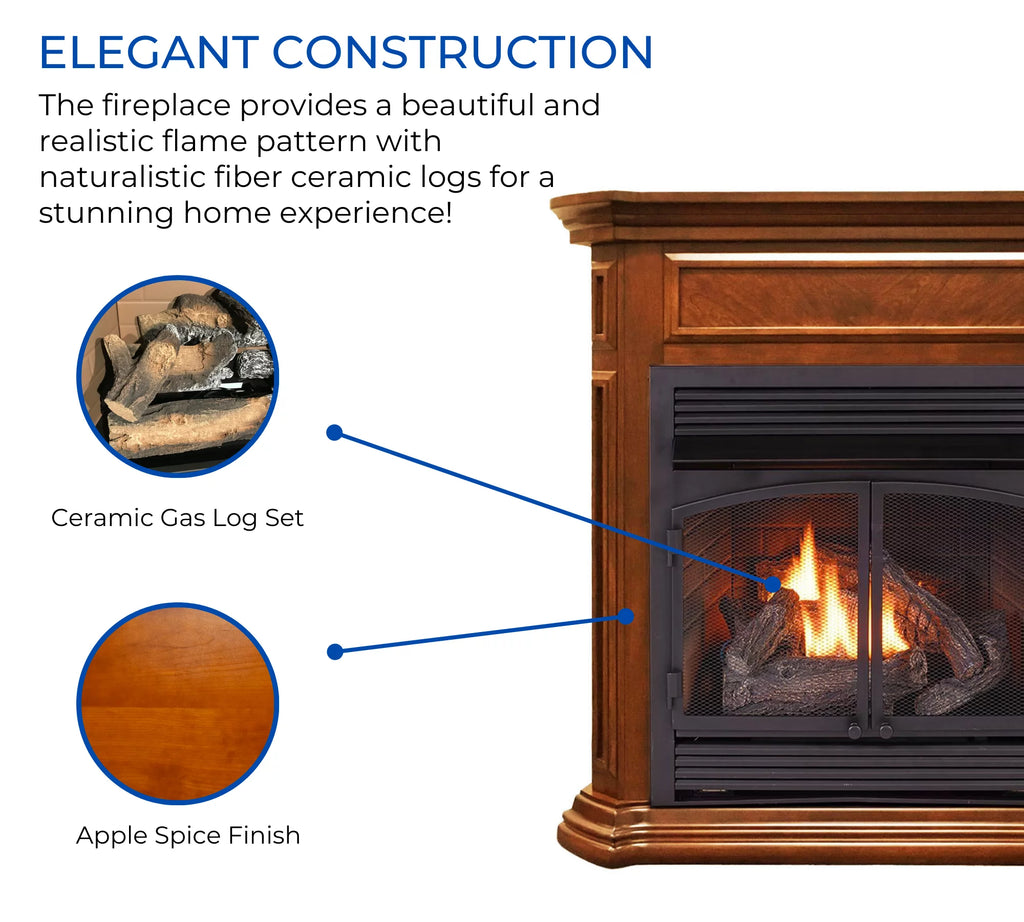 Dual Fuel Ventless Gas Fireplace, 32,000 BTU, Remote Control W343