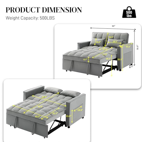 Beige Velvet Convertible Sleeper Sofa Bed with Pullout Bed E3769