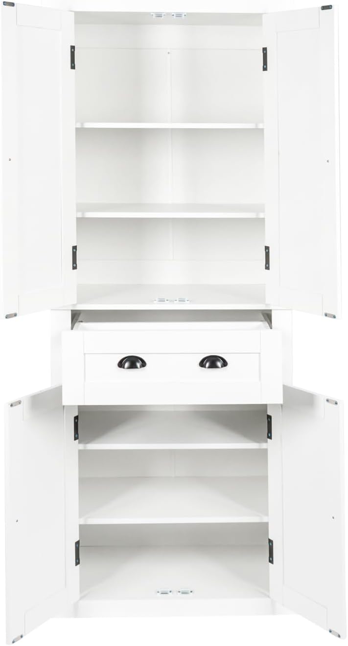 White 4 Door Kitchen Pantry Storage Cabinet with Adjustable Shelves and Drawer D877