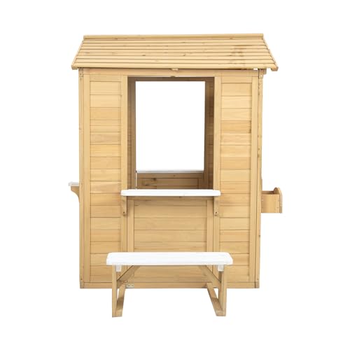 Wooden Playhouse with Window, Mailbox, Picnic Bench, Fenced, 39" x 38" x 55.5" C423489